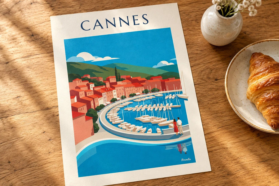 Poster der Bucht von Cannes vom Suquet aus gesehen : auf einem Tisch aufgestellt