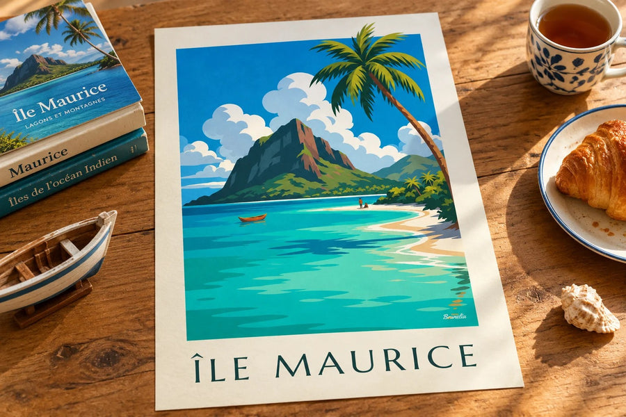 Affiche Le Morne Brabant et son lagon (titre ÎLE MAURICE) : posée sur une table