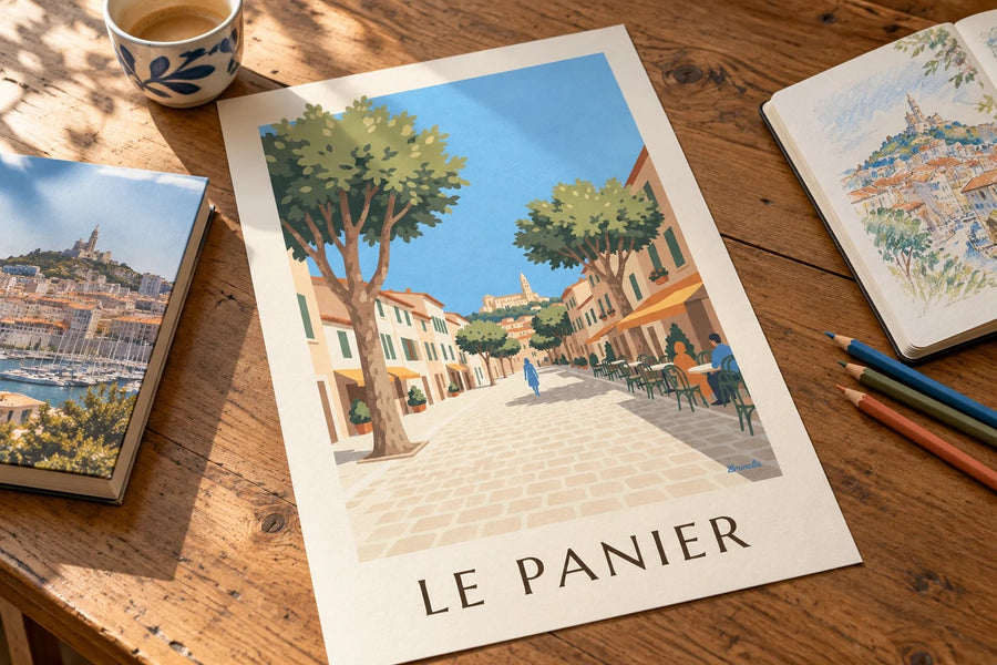 Affiche place de Lenche au Panier, terrasses et platanes : posée sur une table