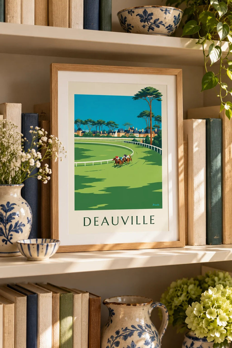 Affiche Deauville hippodrome et chevaux au galop : petit format A4 encadré