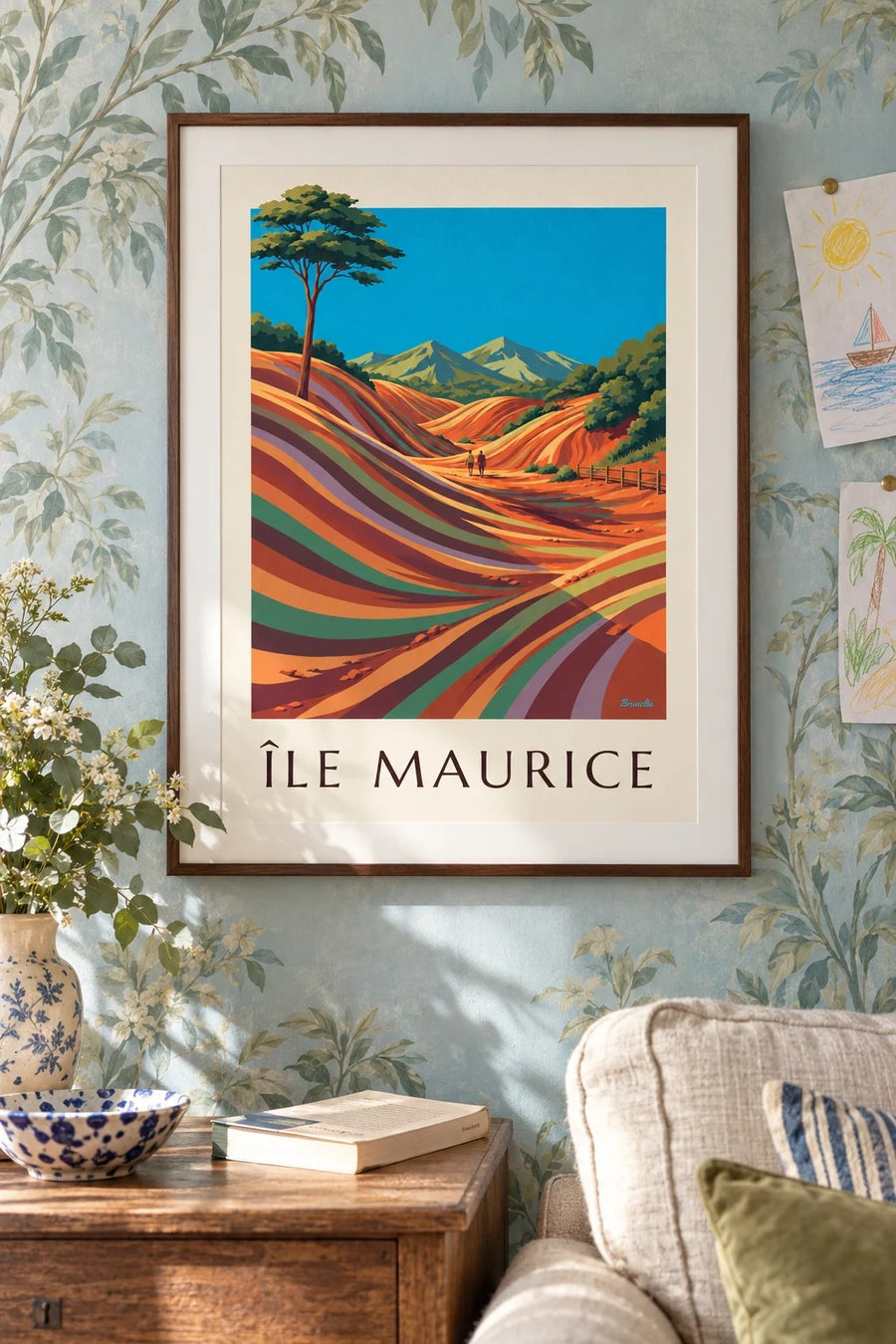 Poster Mauritius Chamarel Siebenfarbige Erde (Titel ÎLE MAURICE) : gerahmt an der Wand