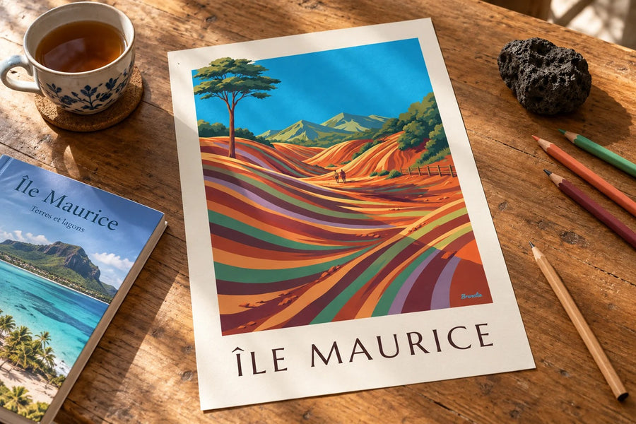 Poster Mauritius Chamarel Siebenfarbige Erde (Titel ÎLE MAURICE) : auf einem Tisch aufgestellt