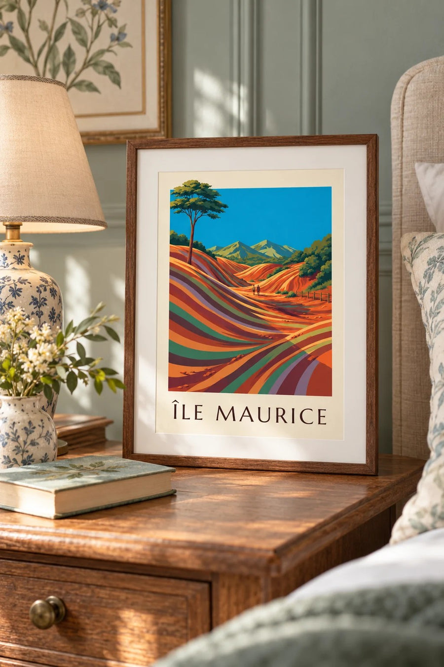 Poster Mauritius Chamarel Siebenfarbige Erde (Titel ÎLE MAURICE) : kleines A4-Format, gerahmt