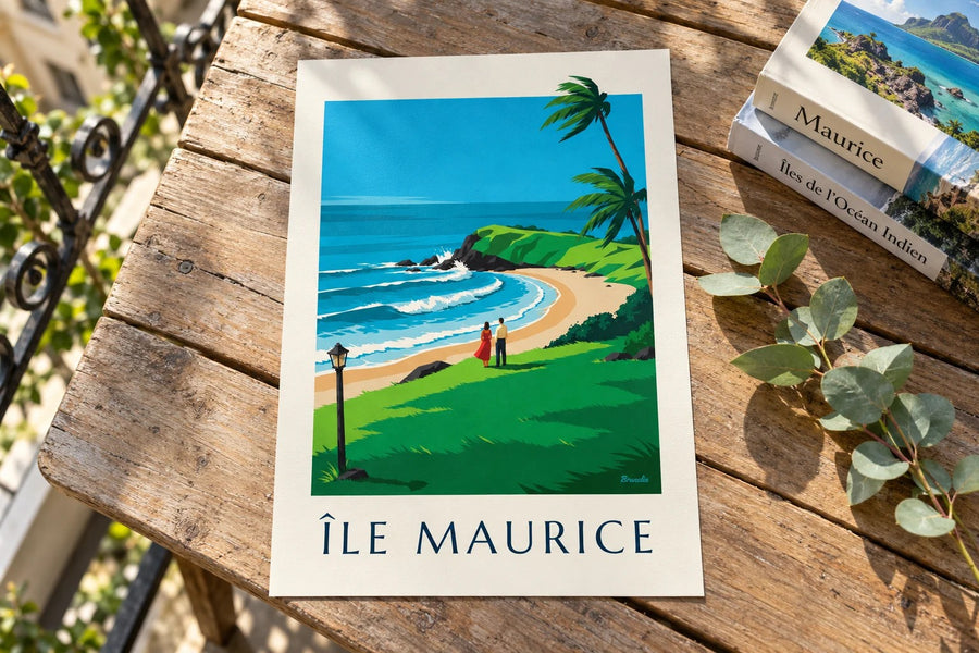 Affiche Île Maurice, côte sauvage de Gris-Gris (titre ÎLE MAURICE) : posée sur une table