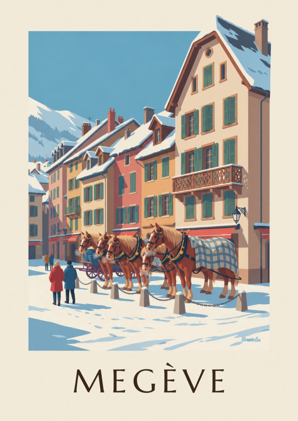 Poster Megève, Kutschpferde im Winter