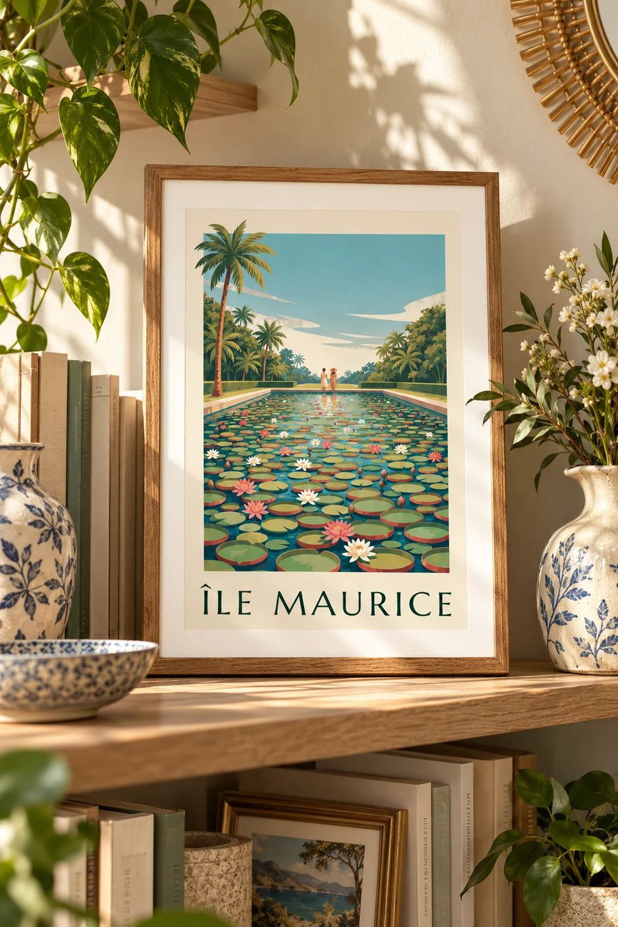 Plakat Mauritius Riesenseerosen (Titel ÎLE MAURICE) : kleines A4-Format, gerahmt