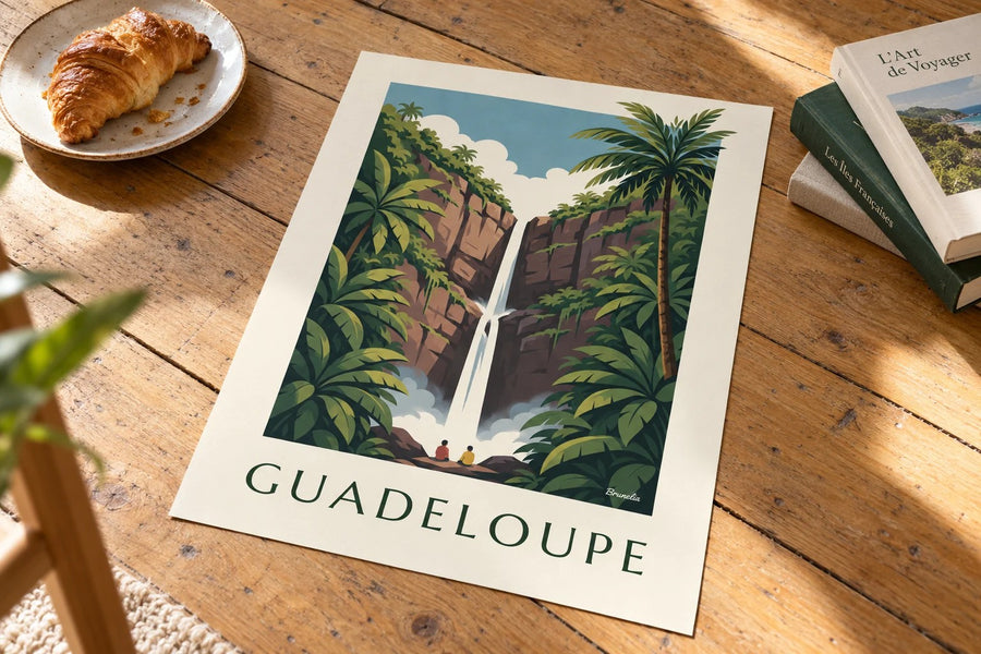 Affiche Guadeloupe, chutes du Carbet en forêt tropicale : posée sur une table