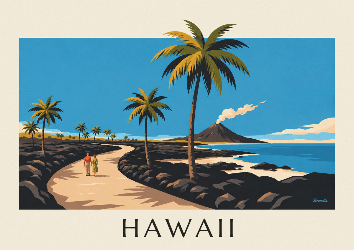 Poster Straße auf Hawaii zwischen Palmen und Vulkan