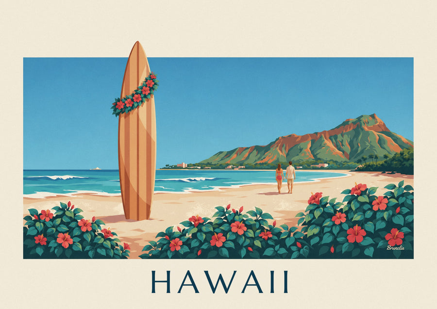 Poster Surfbrett und Hibiskus vor Diamond Head, Hawaii