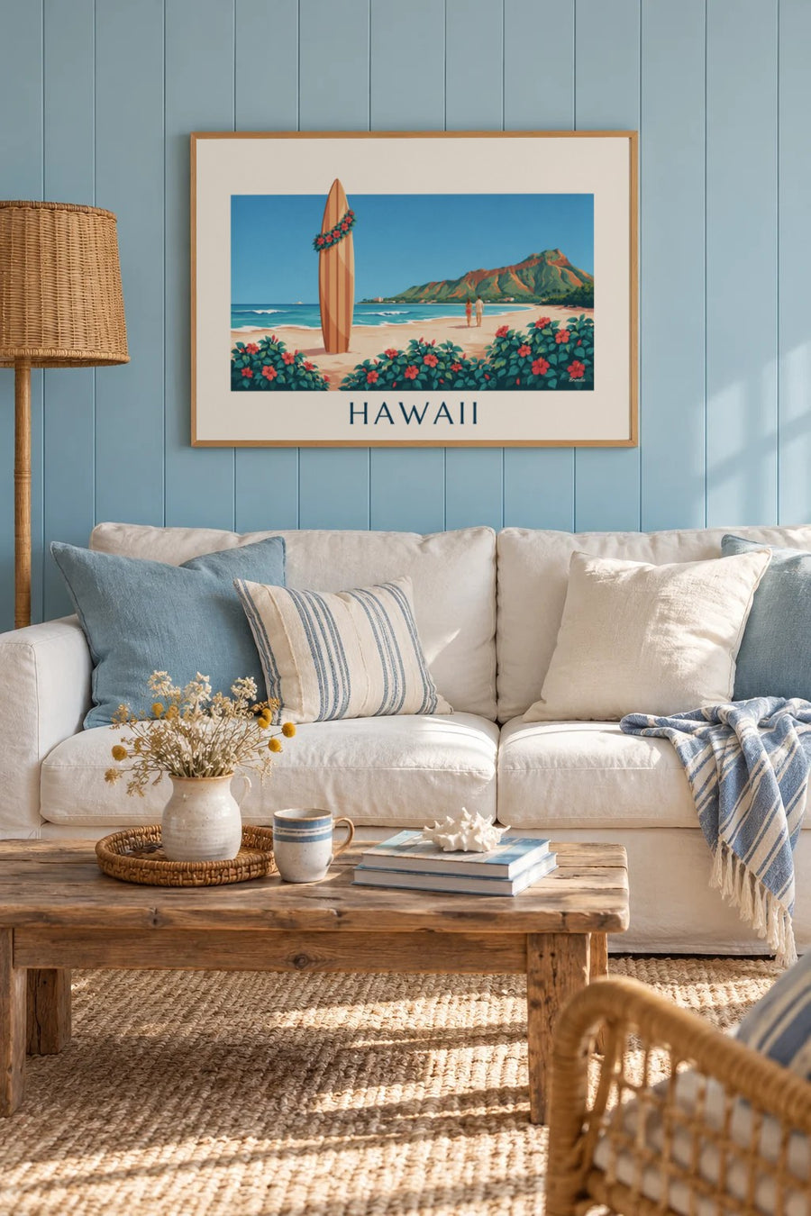 Poster Surfbrett und Hibiskus vor Diamond Head, Hawaii: gerahmt an der Wand