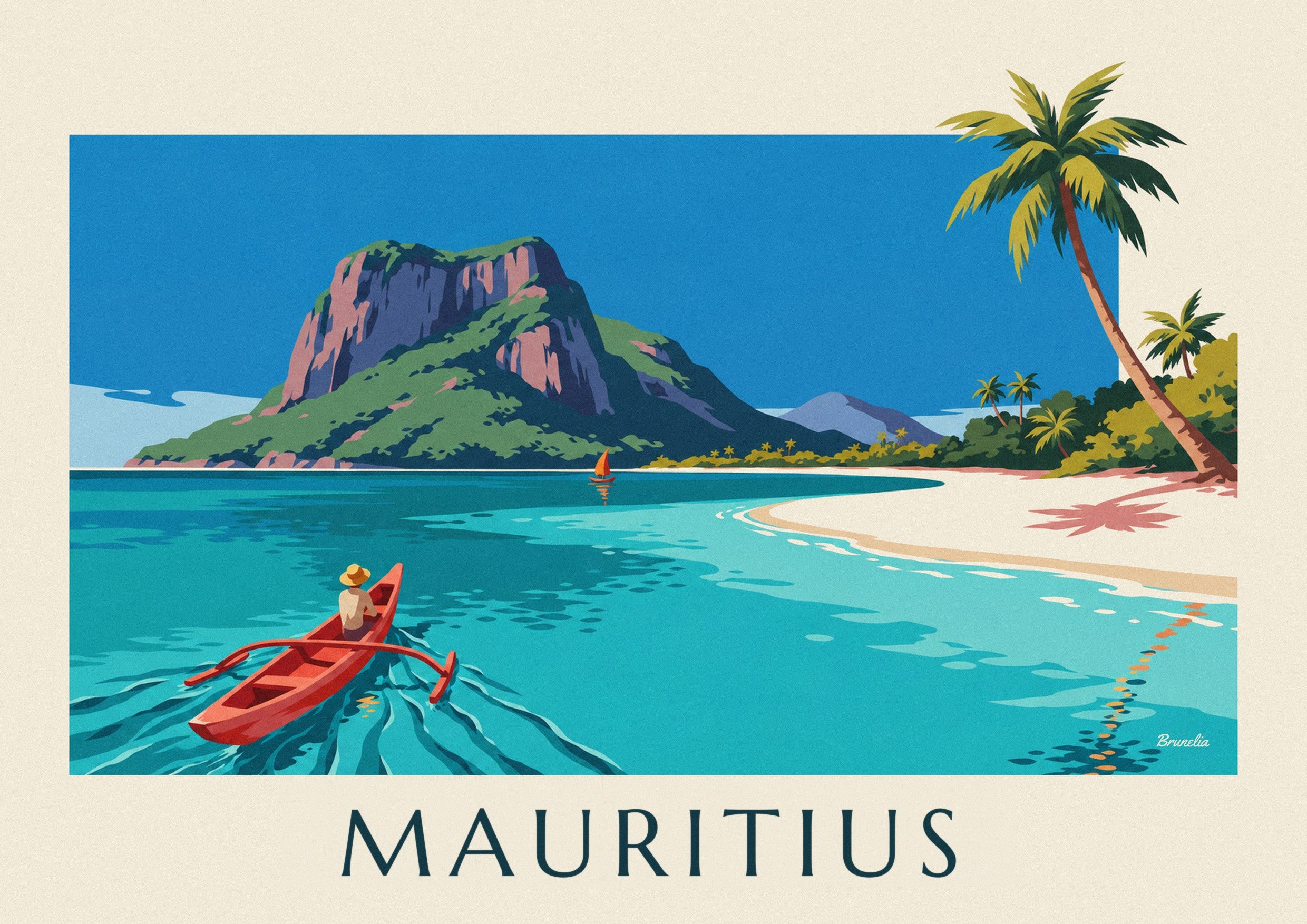 Poster Lagune, Kokospalmen und Le Morne Brabant auf Mauritius: Detail in Nahaufnahme
