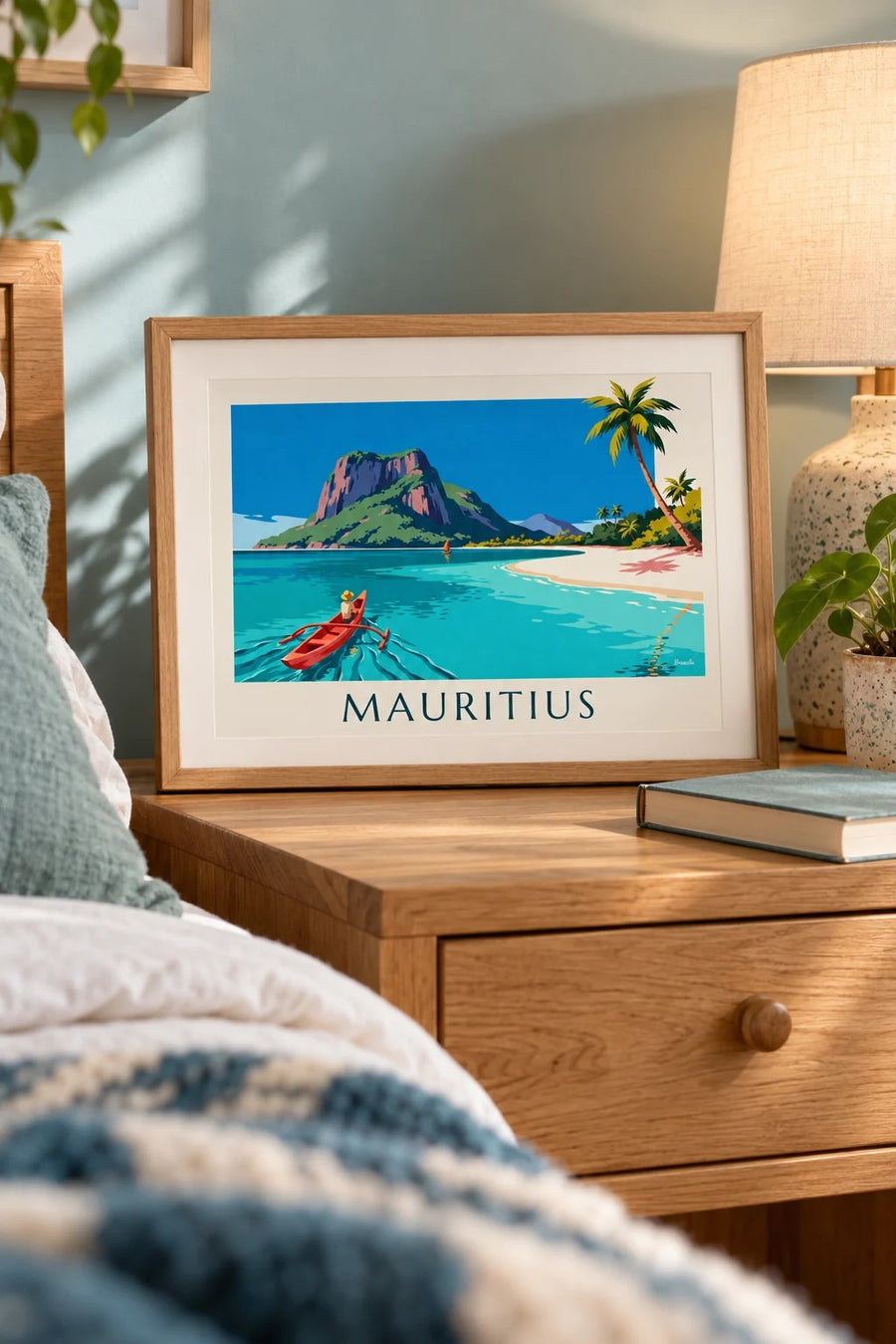 Poster Lagune, Kokospalmen und Le Morne Brabant auf Mauritius: kleines Format A4 gerahmt