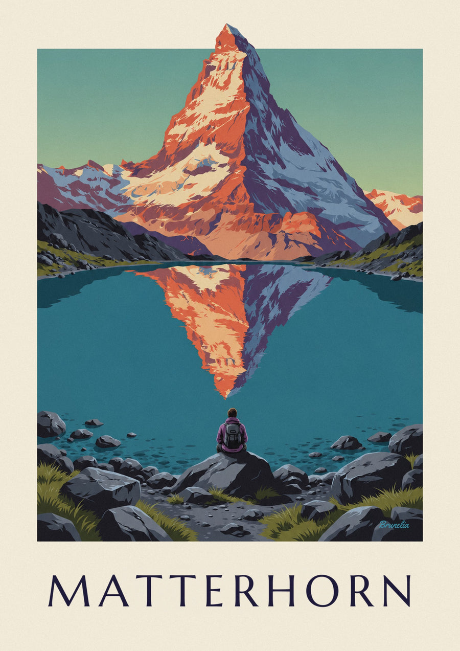 Poster Matterhorn bei Sonnenuntergang, gespiegelt in einem Bergsee