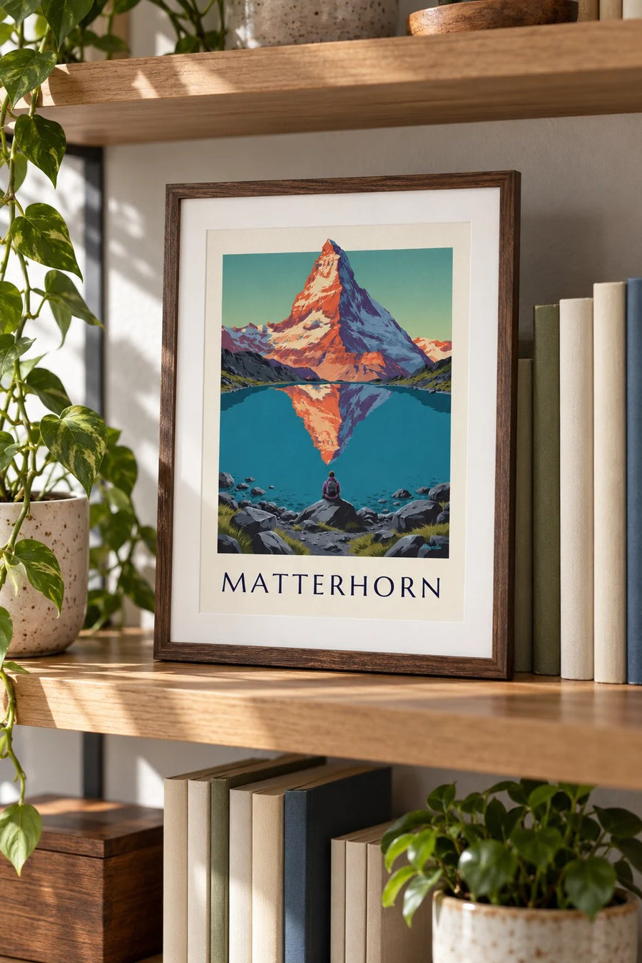 Poster Matterhorn bei Sonnenuntergang, gespiegelt in einem Bergsee: kleines gerahmtes A4-Format