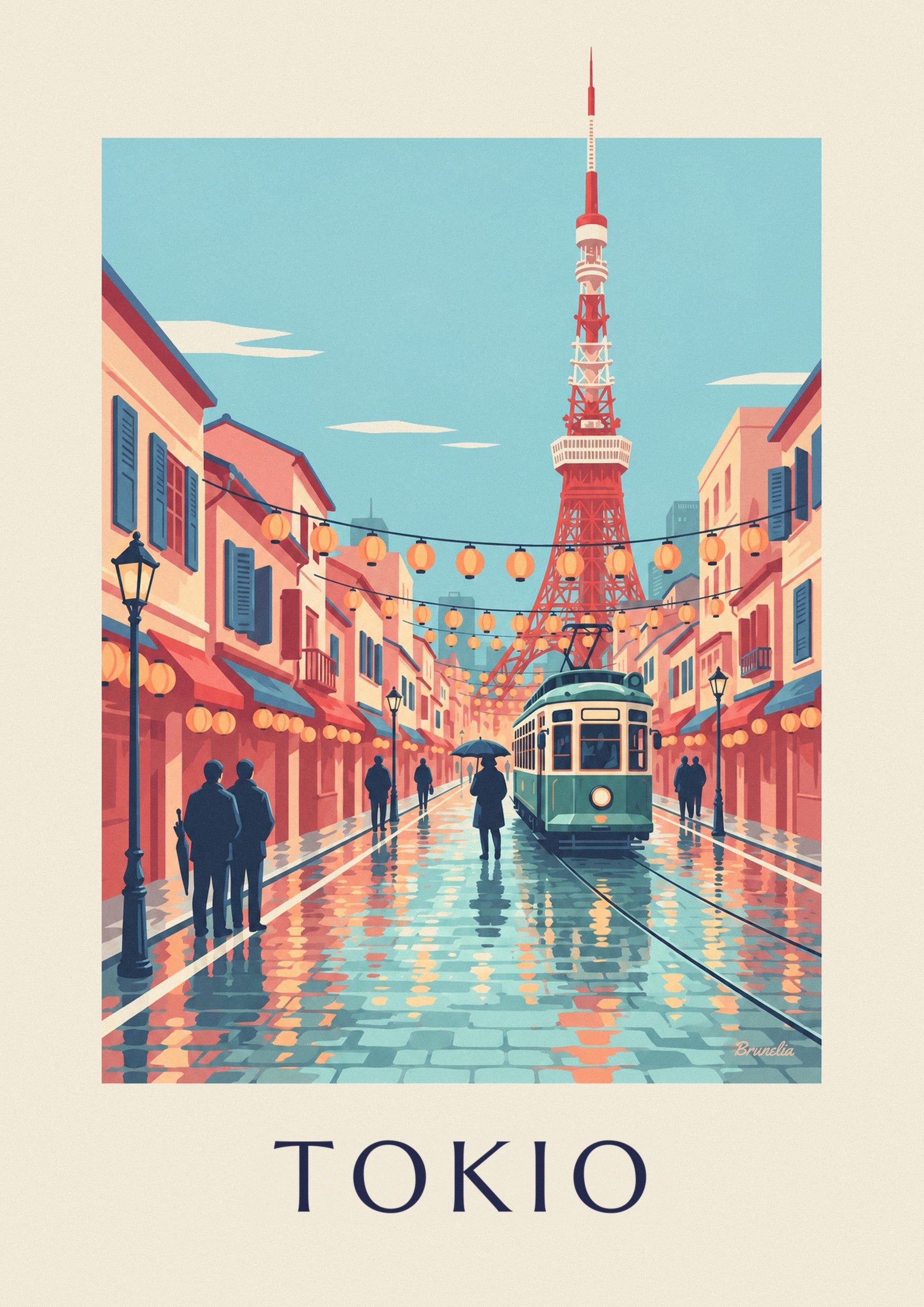 Poster Alte Straßenbahn in Tokio und Tokyo Tower in der Abenddämmerung: Detail in Nahaufnahme