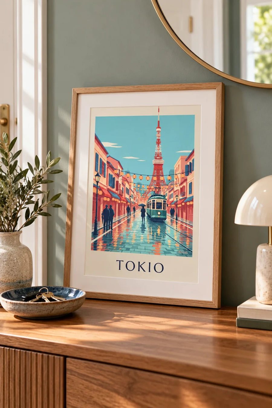 Poster Alte Straßenbahn in Tokio und Tokyo Tower in der Abenddämmerung: kleines A4-Format, gerahmt