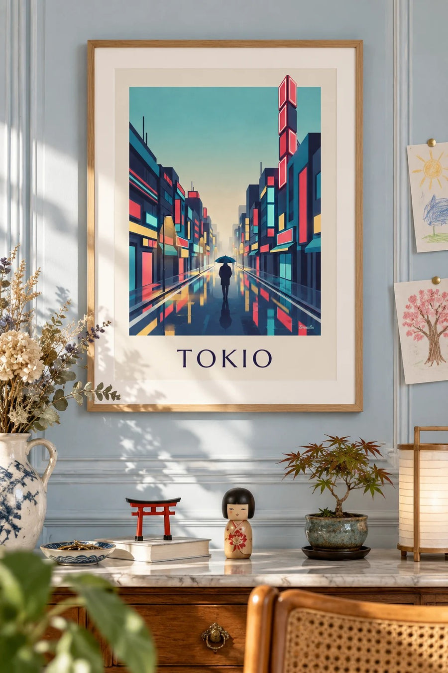 Poster Regennacht und Neonlichter im Stadtteil Shinjuku in Tokio: gerahmt an der Wand