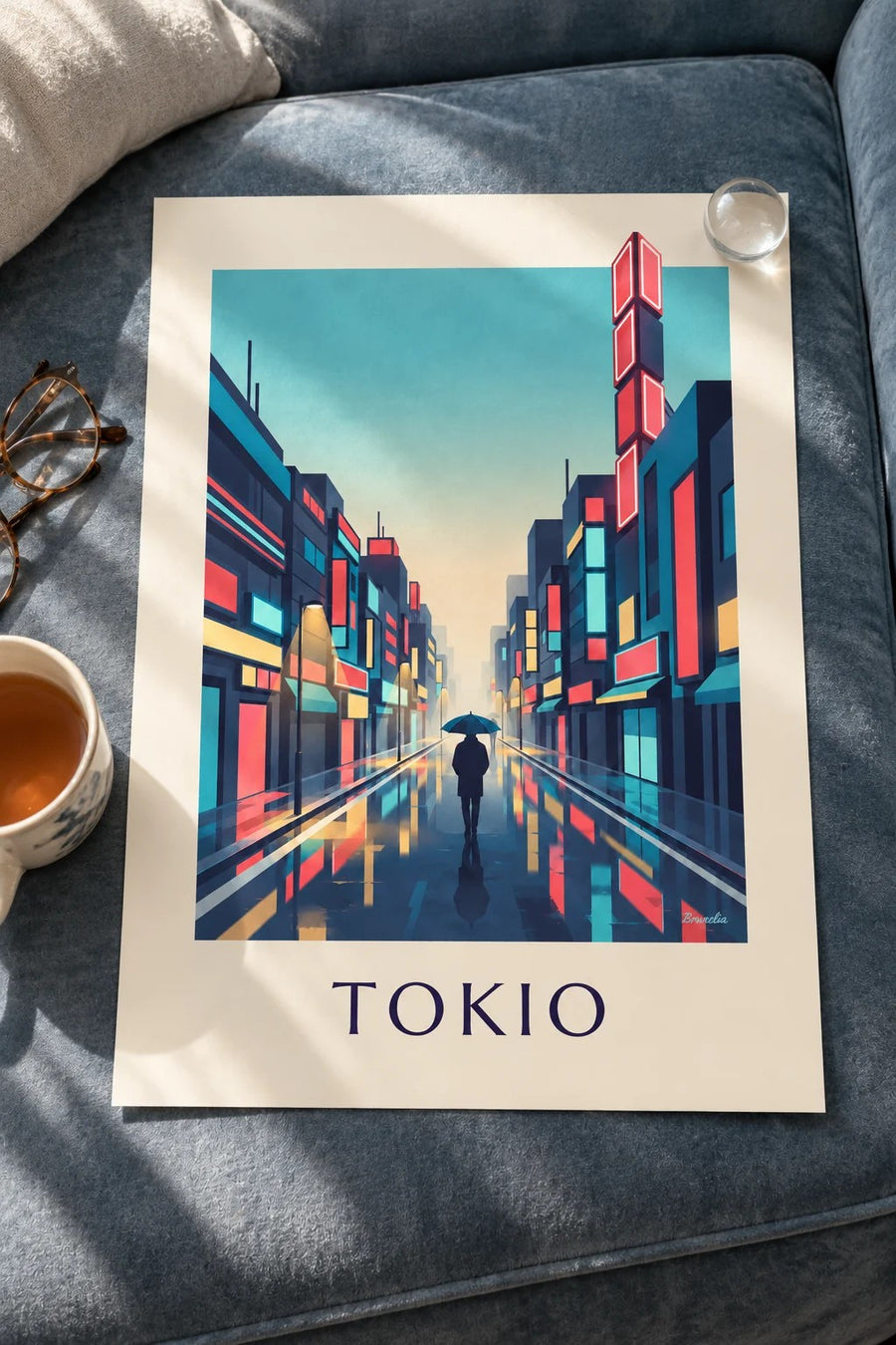 Poster Regennacht und Neonlichter im Stadtteil Shinjuku in Tokio: auf einem Tisch abgestellt