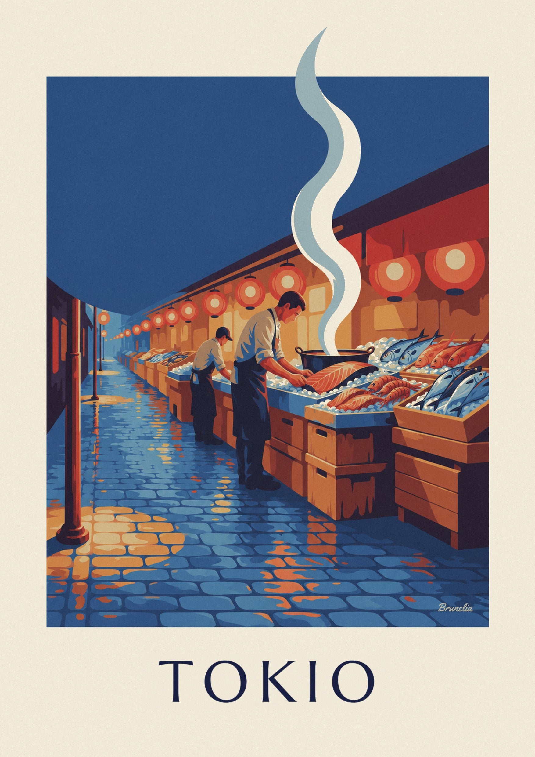 Poster Fischmarkt in Tokio unter Laternen: Detail in Nahaufnahme
