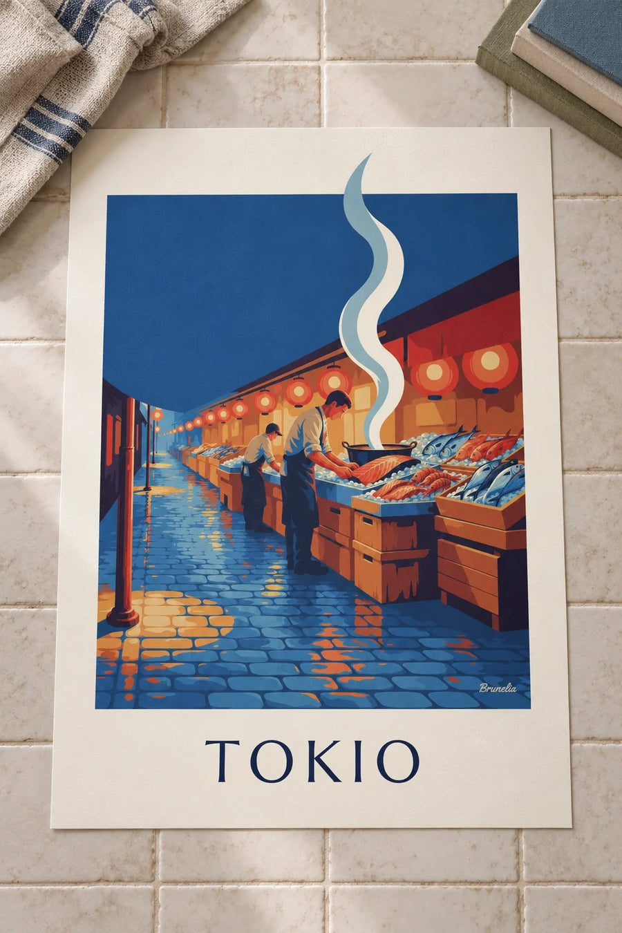 Poster Fischmarkt in Tokio unter Laternen: flach auf einem Tisch