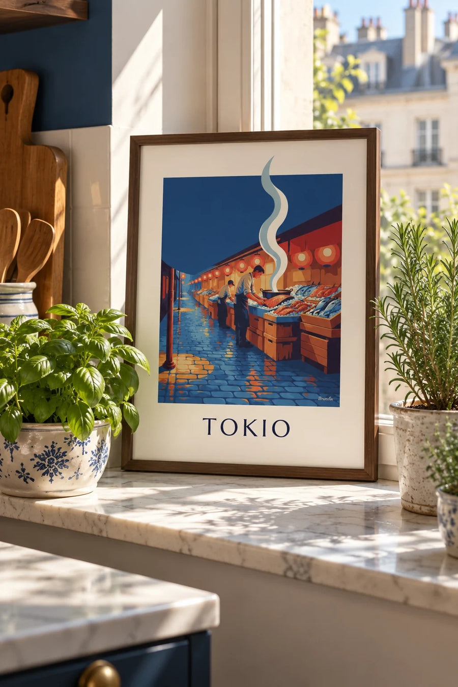 Poster Fischmarkt in Tokio unter Laternen: kleines A4-Format im Rahmen