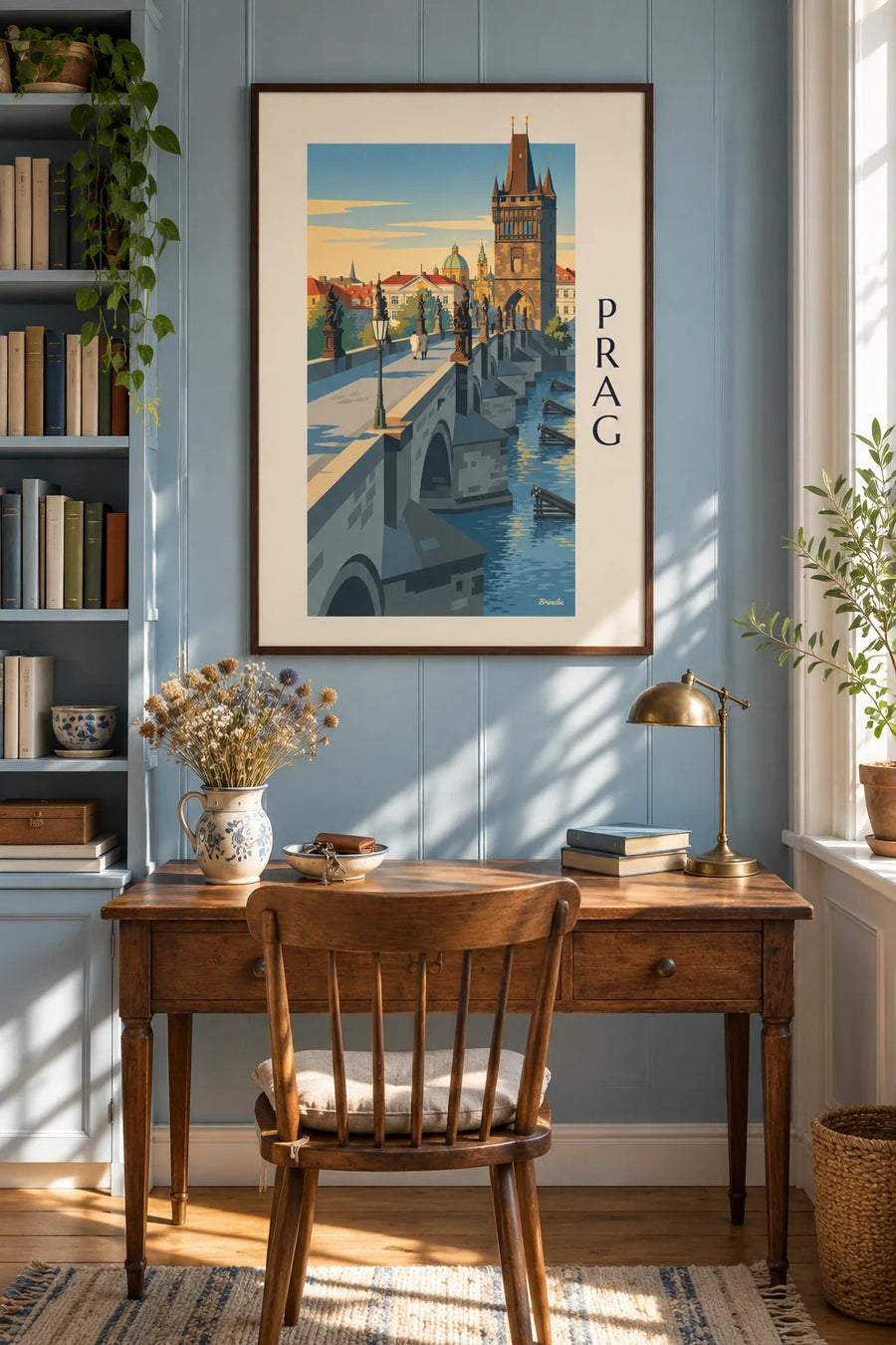 Poster Prag, Karlsbrücke und gotischer Turm an der Moldau: gerahmt an der Wand