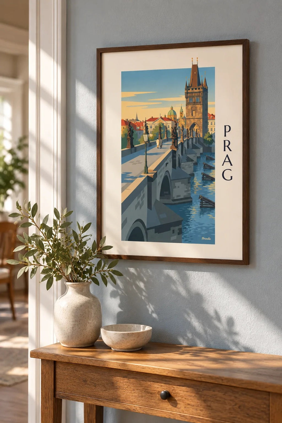Poster Prag, Karlsbrücke und gotischer Turm an der Moldau: kleines Format A4 im Rahmen