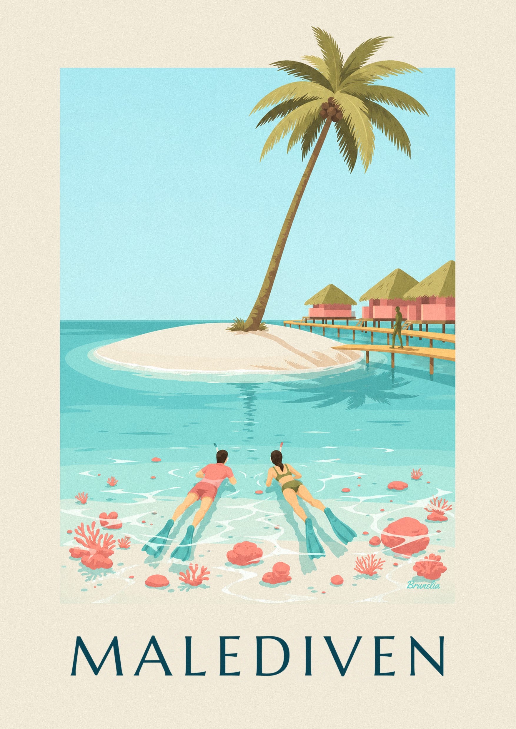 Poster Malediven, Schnorchler über den Korallen der Lagune: Detail in Nahaufnahme