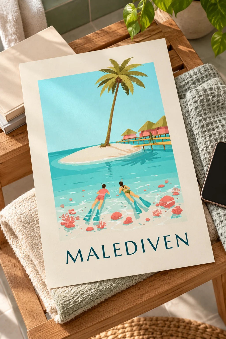 Poster Malediven, Schnorchler über den Korallen der Lagune: flach auf einem Tisch