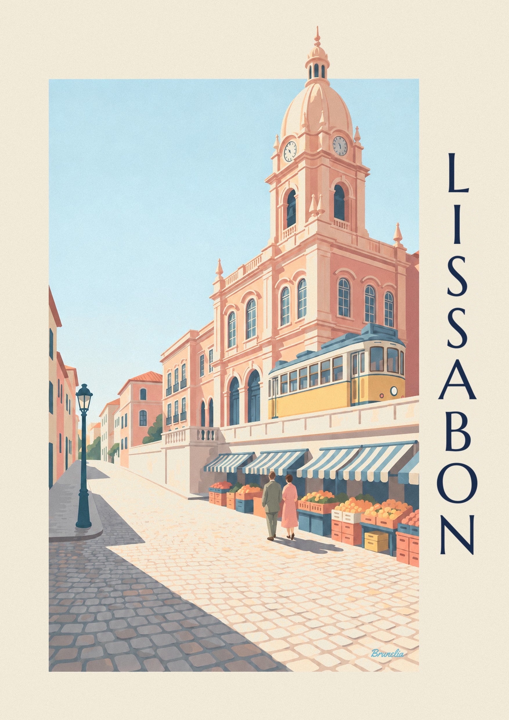 Poster Markthalle Ribeira in Lissabon mit gelber Straßenbahn: Detail in Nahaufnahme