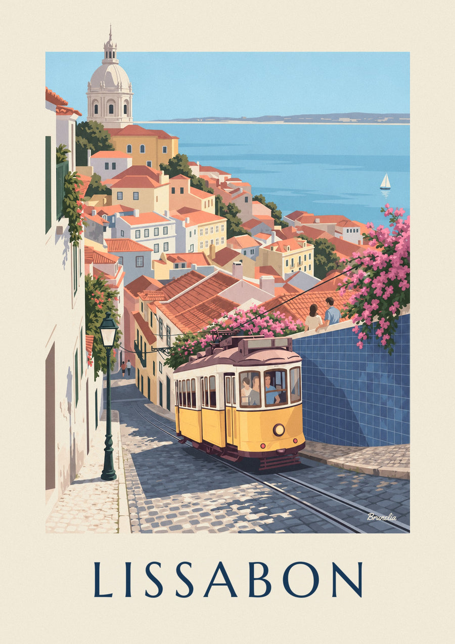 Poster gelbe Straßenbahn in einer Kopfsteinpflastergasse in Lissabon mit Blick auf den Tejo