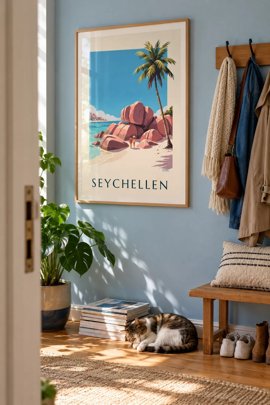 Poster Anse Source d’Argent auf La Digue, Seychellen: gerahmt an der Wand