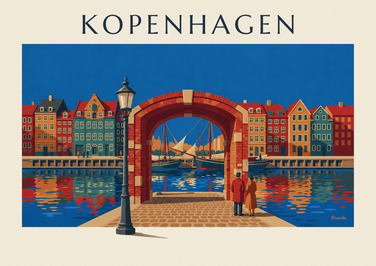 Poster bunte Häuser und alte Segelschiffe am Nyhavn in Kopenhagen
