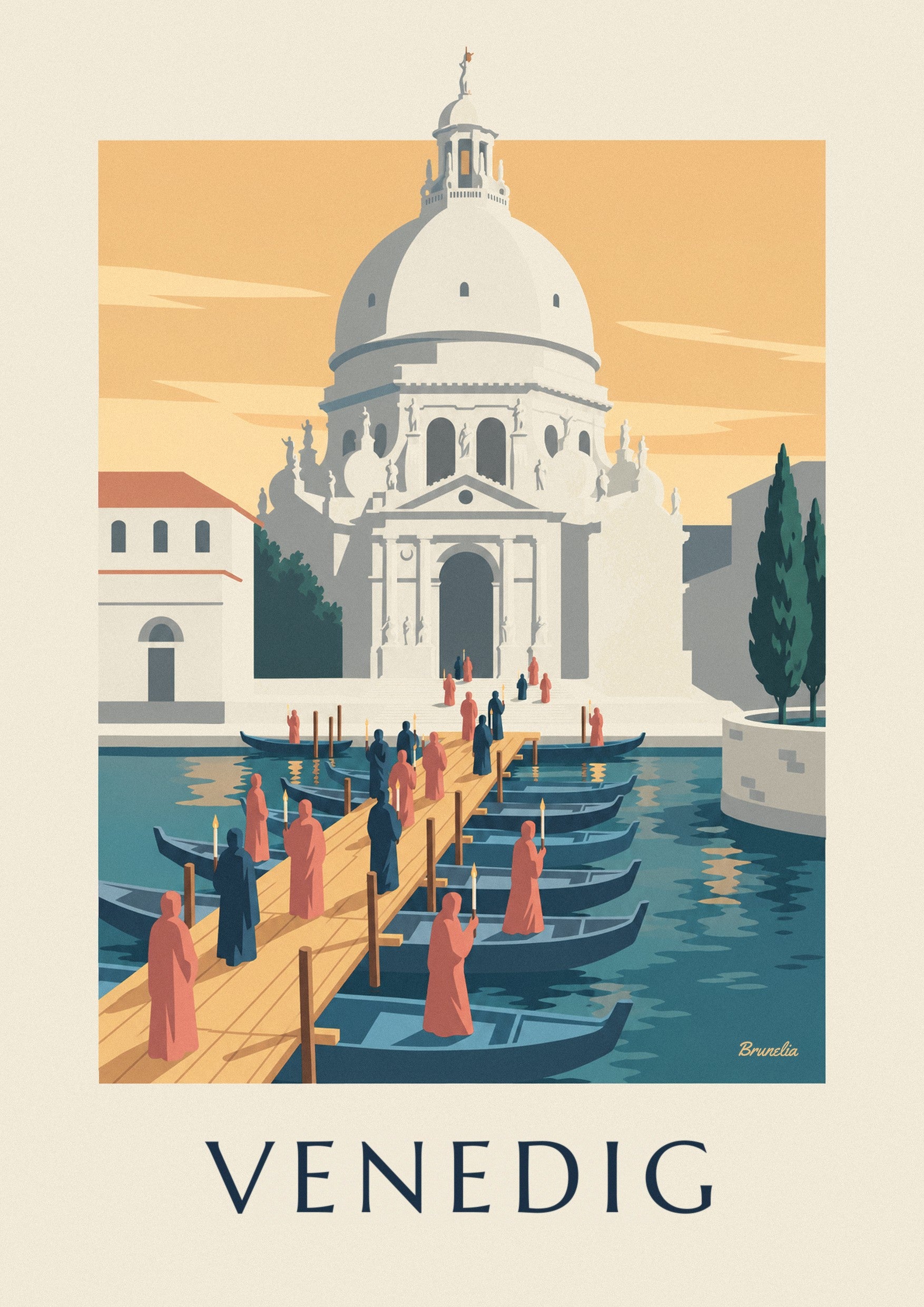 Poster Pilger auf der Schiffsbrücke zur Salute in Venedig: Detail in Nahaufnahme