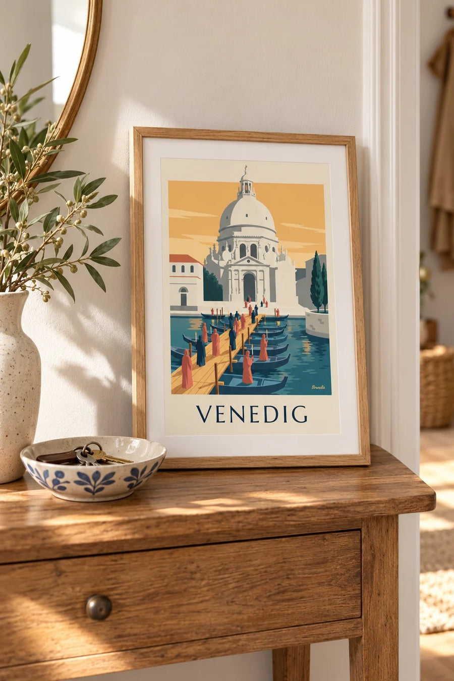 Poster Pilger auf der Schiffsbrücke zur Salute in Venedig: Kleinformat A4 gerahmt