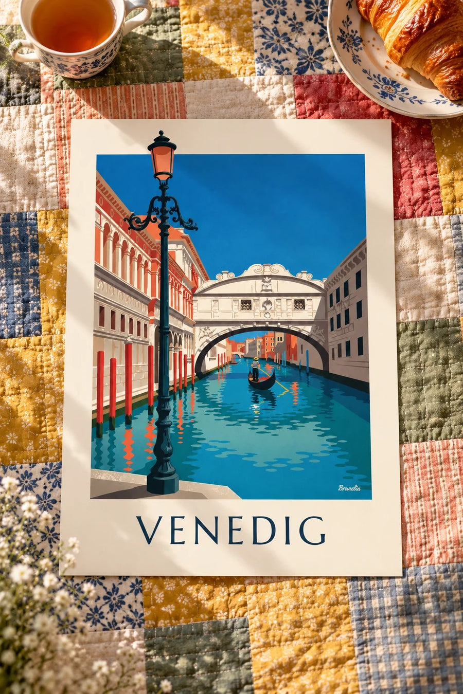 Poster Gondel unter der Seufzerbrücke in Venedig: flach auf einem Tisch