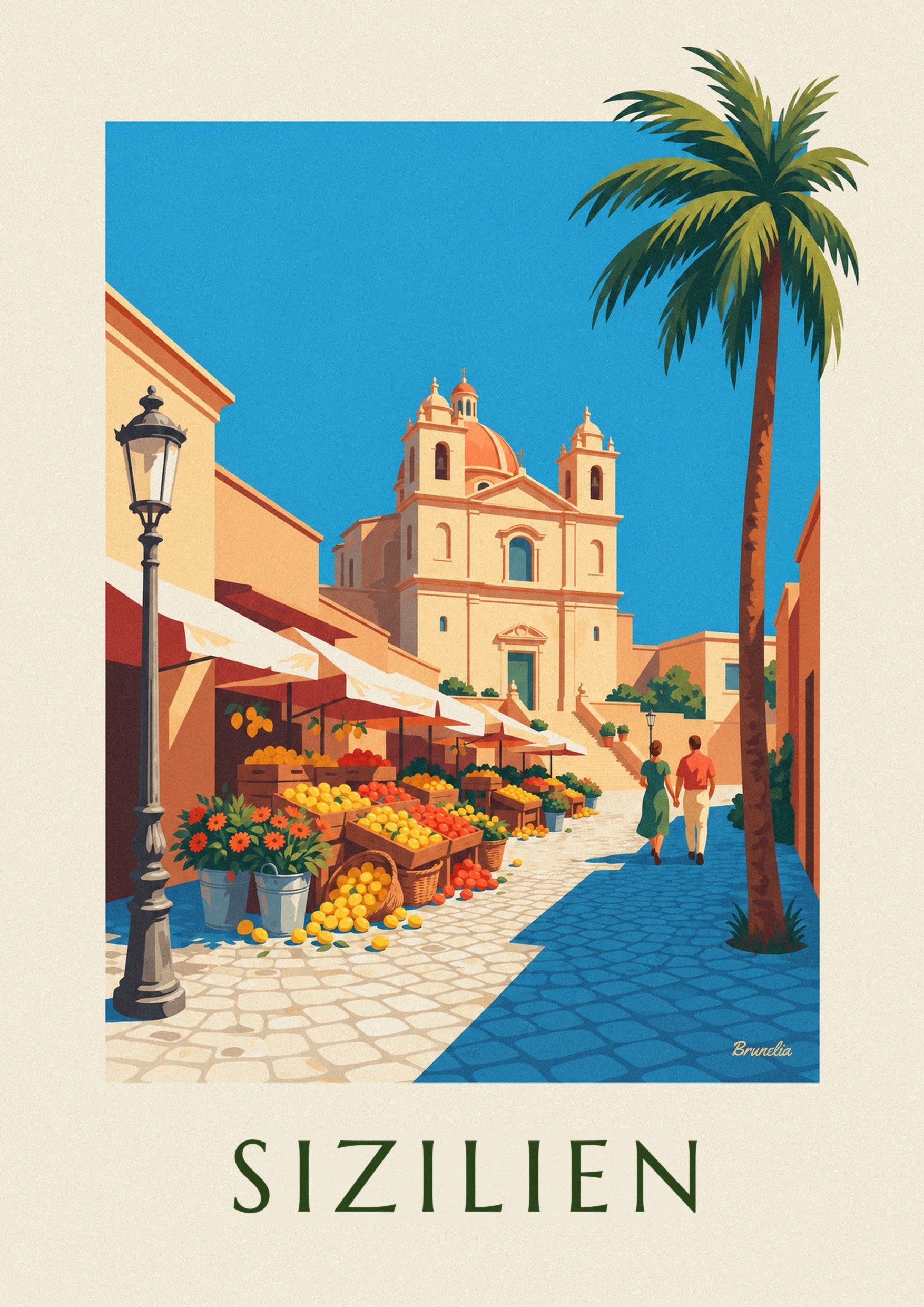 Poster sizilianischer Markt mit Zitronen, Orangen und Blumen: Detail in Nahaufnahme