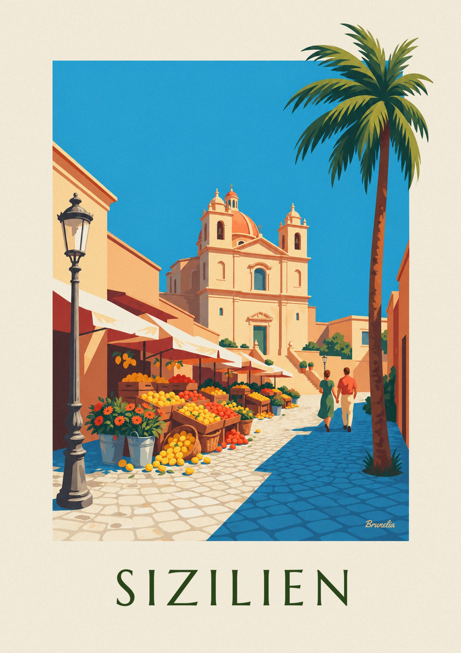 Poster sizilianischer Markt mit Zitronen, Orangen und Blumen