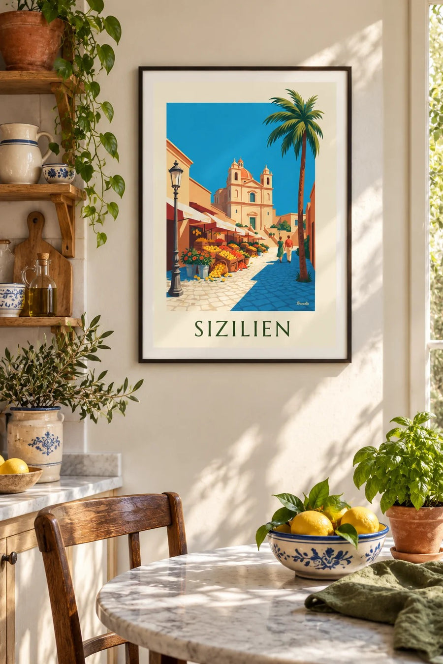 Poster sizilianischer Markt mit Zitronen, Orangen und Blumen: gerahmt an der Wand