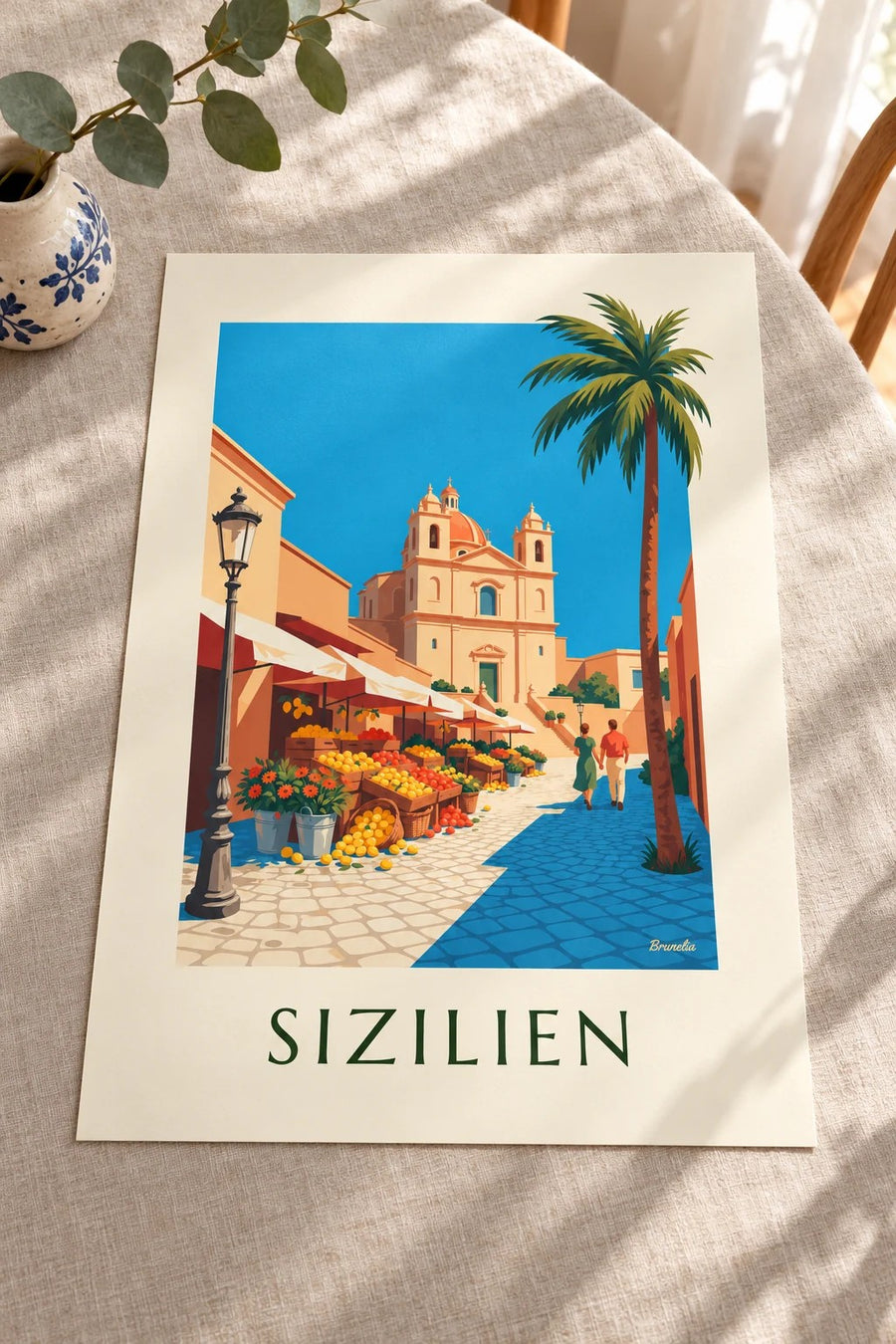Poster sizilianischer Markt mit Zitronen, Orangen und Blumen: auf einem Tisch