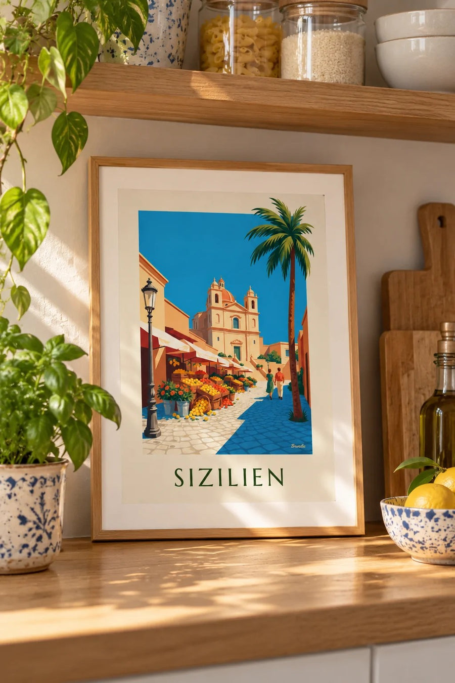 Poster sizilianischer Markt mit Zitronen, Orangen und Blumen: kleines Format A4 gerahmt