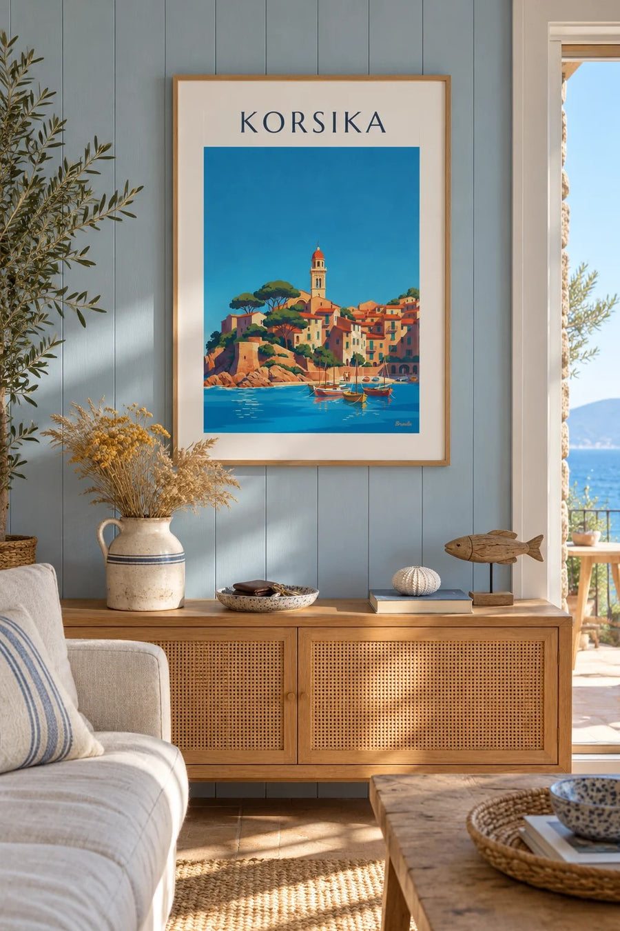 Poster korsisches Küstendorf mit kleinem Hafen am Mittelmeer: gerahmt an der Wand