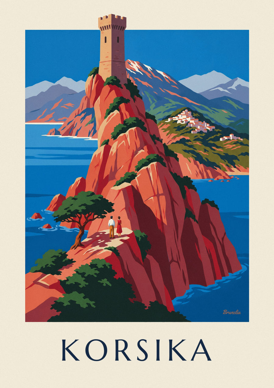 Poster wilde Küste Korsikas, rote Klippen und Monte Cinto