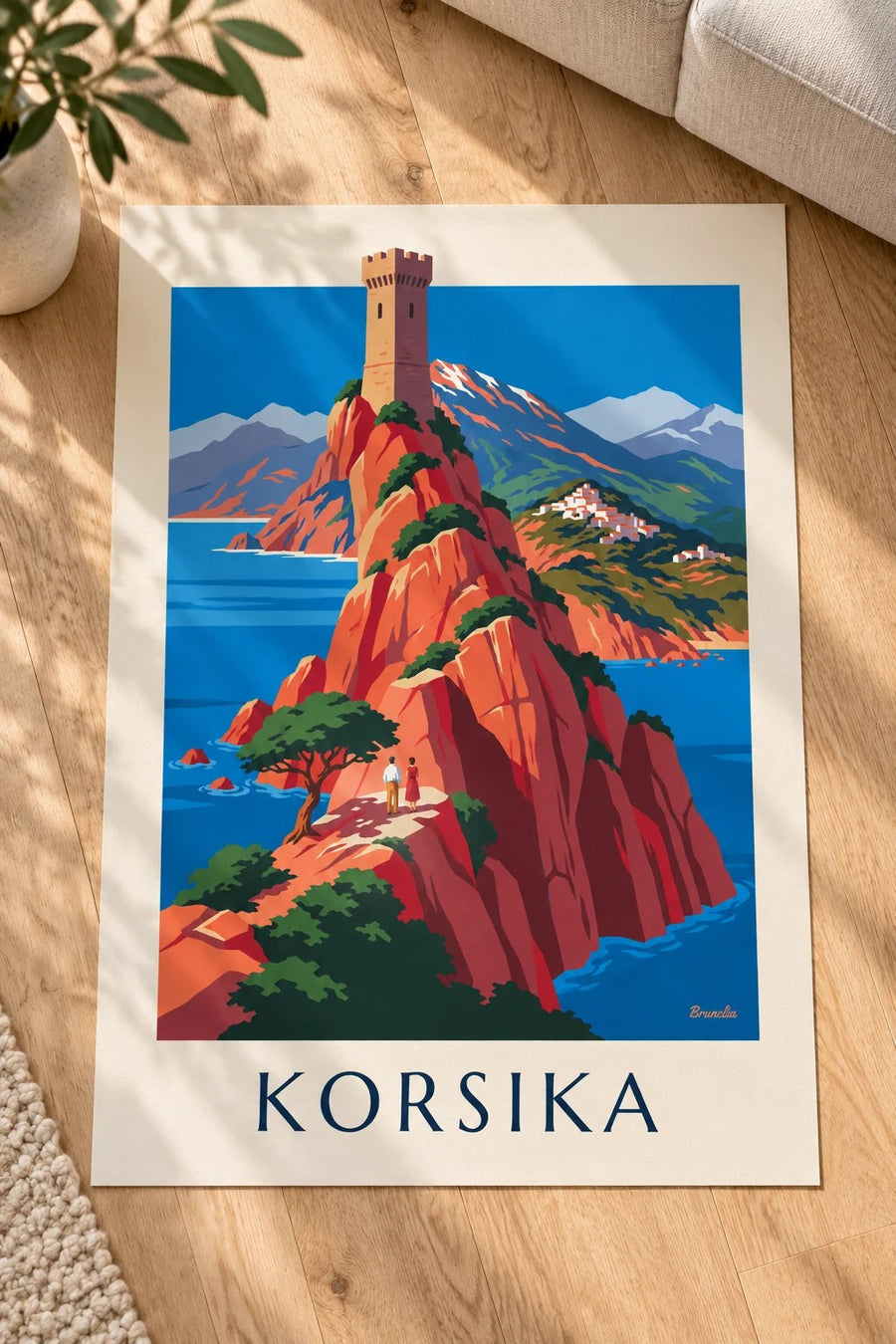 Poster wilde Küste Korsikas, rote Klippen und Monte Cinto: flach auf einem Tisch