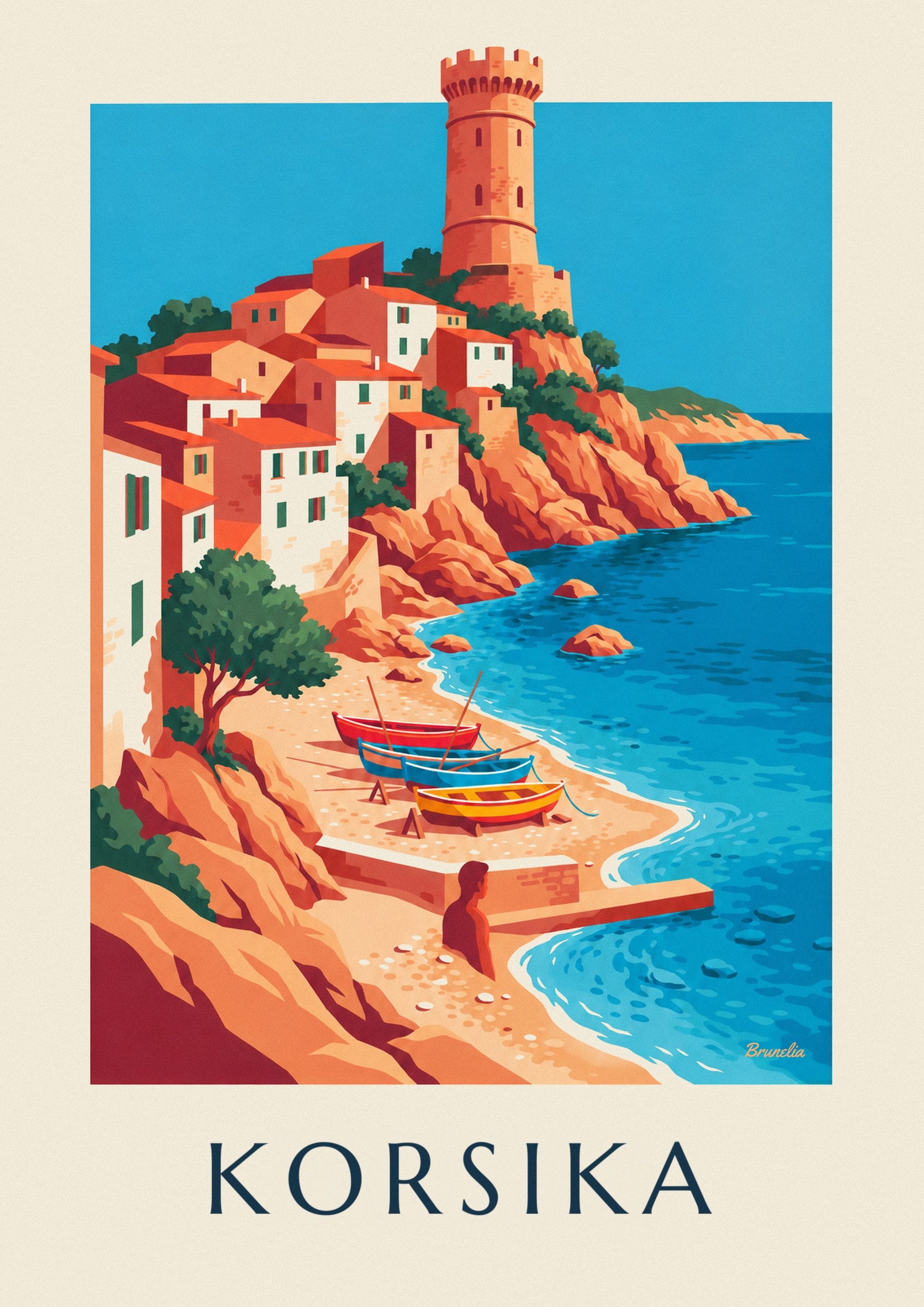 Poster Küstendorf, Genueserturm und Boote auf Korsika: Detail in Nahaufnahme