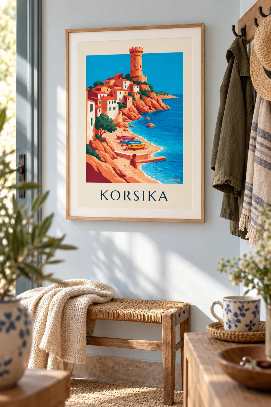 Poster Küstendorf, Genueserturm und Boote auf Korsika: gerahmt an der Wand
