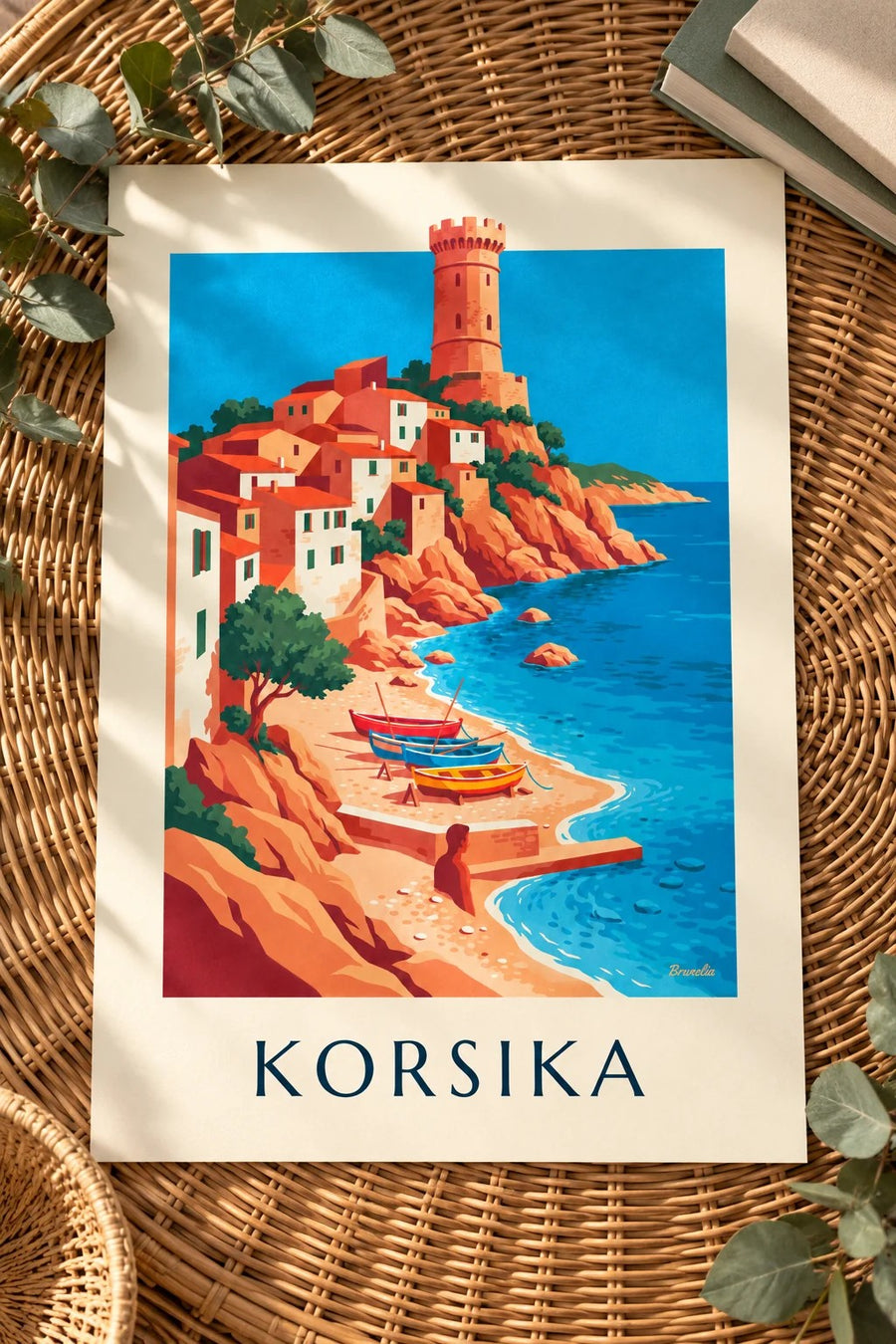 Poster Küstendorf, Genueserturm und Boote auf Korsika: flach auf einem Tisch
