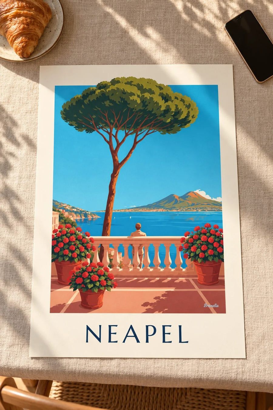 Poster Neapel Bucht und Vesuv, Blick von der Terrasse: auf einem Tisch aufgestellt