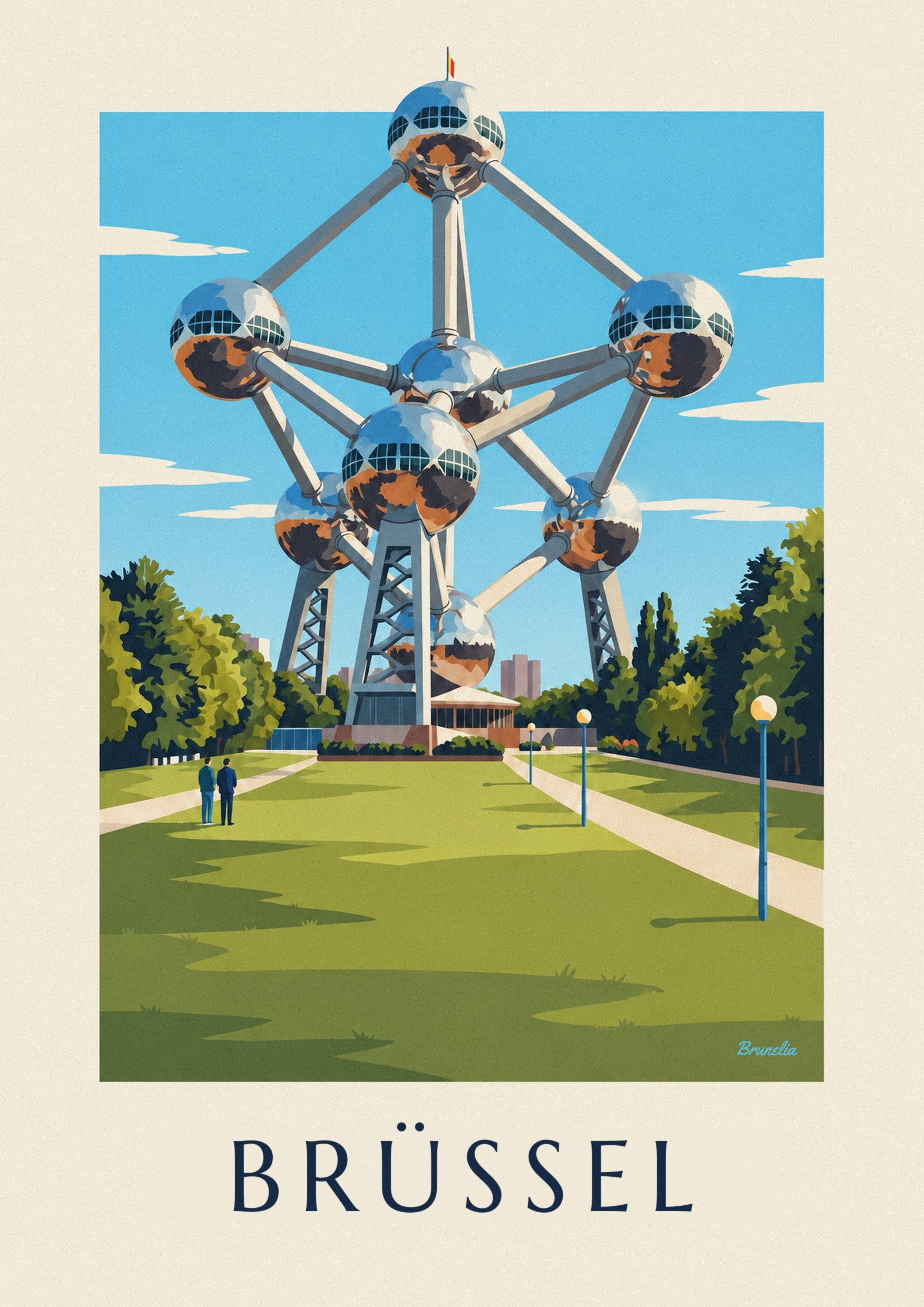 Poster Atomium in Brüssel und Rasenflächen des Parks: Detail in Nahaufnahme
