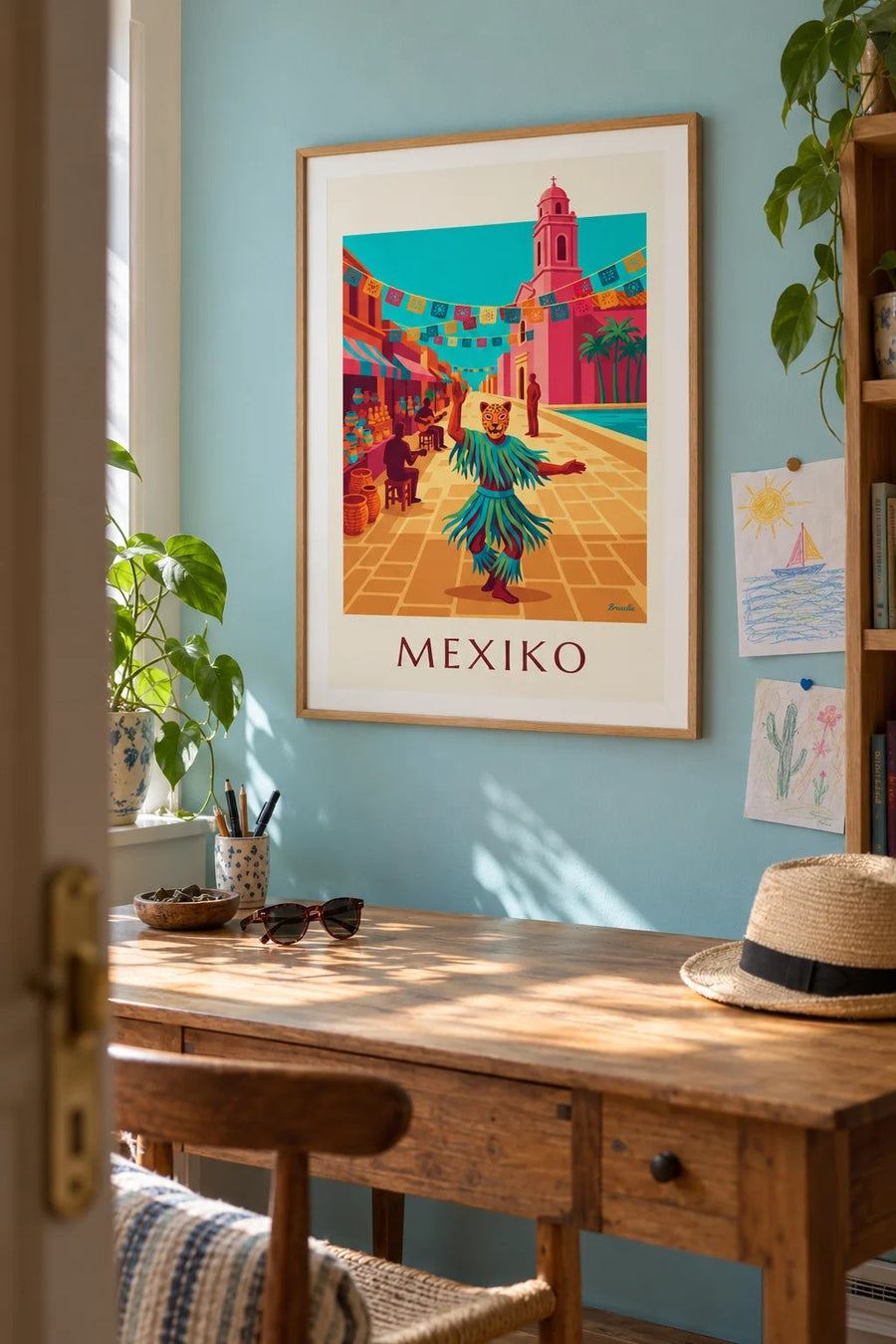Poster Tänzer mit Jaguarmaske auf einem Platz in Mexiko: gerahmt an der Wand